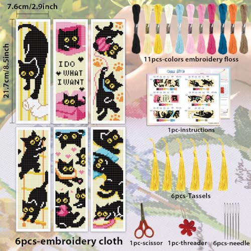 Image of ACRNIGHEET 6PCS Cross Stitch Bookmark Kit for Beginner Stamped Cross Stitch Kits for Adults Naughty Black Cat DIY Tassel Embroidery Bookmark Kits Needlepoint Kit with Instructions Gift 8.5''x3'' 11CT
