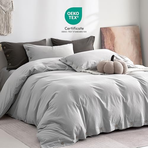 Image of JELLYMONI 100% Washed Cotton Duvet Cover Queen - Soft, Breathable Linen-Look Bedding with Natural Wrinkle Texture, Button Closure, 3-Piece Set (Pale Grey, 90 inchx90 inch)