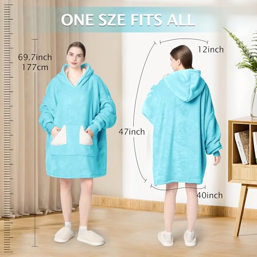 Touchat Wearable Blanket Hoodie, Oversized Sherpa Blanket Sweatshirt with Hood Pocket and Sleeves, Super Soft Warm Plush Hooded Blanket for Adult Women Men, One Size Fits All (Teal)