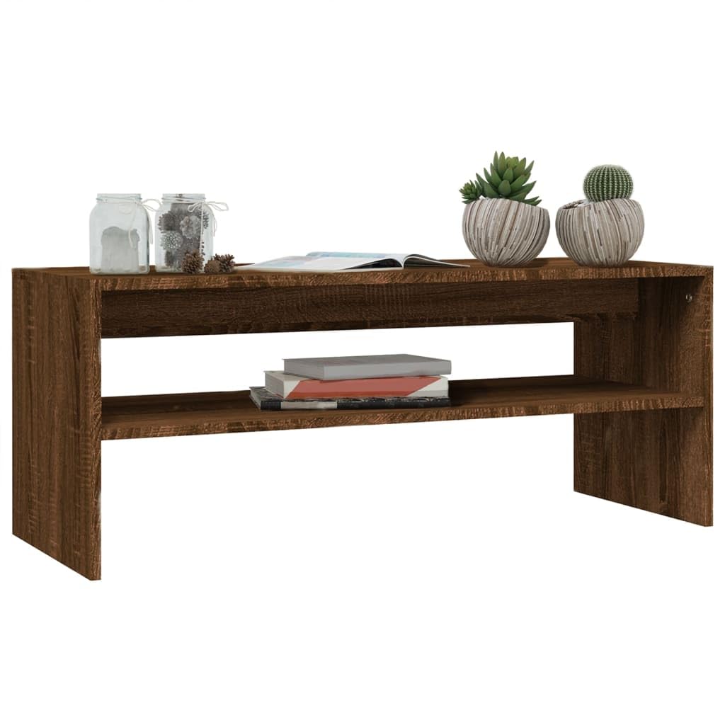 Mesa de centro marrón efecto roble 100 x 40 x 40 cm de material de madera, mesa auxiliar moderna con estante, mesa de salón estable para salón, dormitorio y oficina