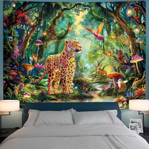 Serborlur Fantasy Forest Blacklight Cheetah Jungle Nature Tree Rainforest Hippie Boho Mushroom Leopard Wall Tapestry for Bedroom Living Room (51.2 59.1 inches)