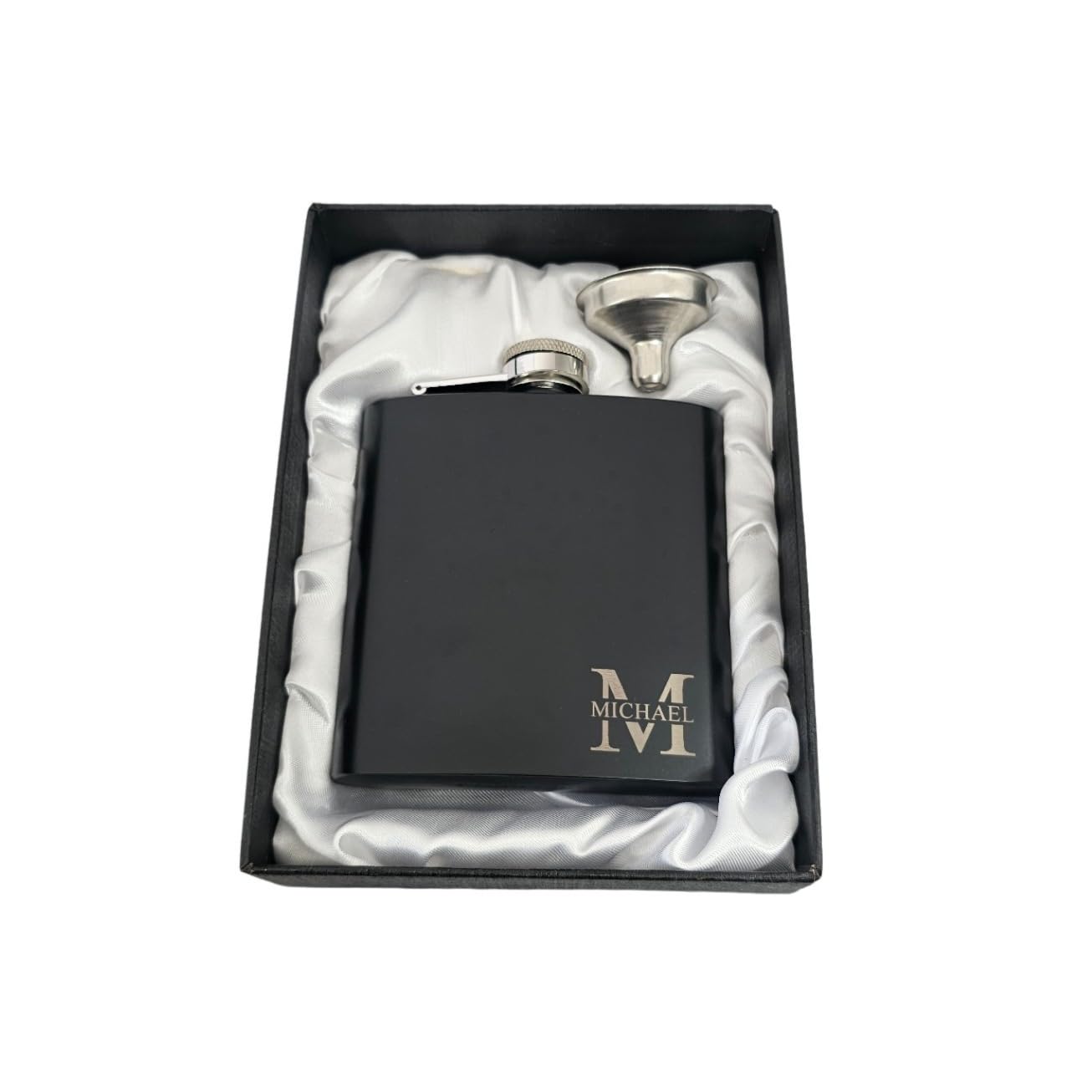Customised Hip Flask with Your Name and Initial + Gift Box, Engraved Stainless Steel 6oz Flask and Satin Lined Box.