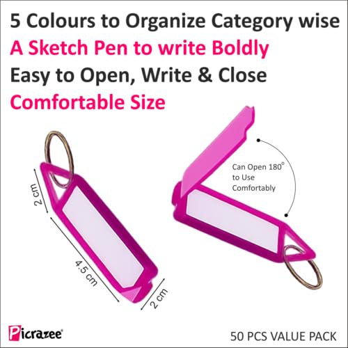 Image of Picrazee 50 Pcs Multicolor Key Tag Keychain with Name Label | Sketch Pen Included | Plastic Key Rings with ID Tags & Split Ring | Key Identifier Tags for Home Office Locker Bike (50)