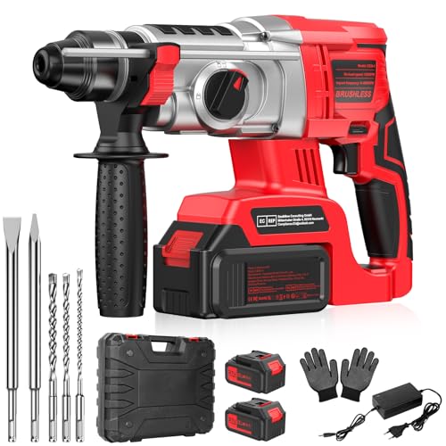 Marteau Perforateur Sans fil 2 * 4000mAh Batterie 21V, Perceuse à Percussion con SDS-Plus Mandrin, 3 Exercices, 2 Ciseaux, Adaptés au Béton, à la...