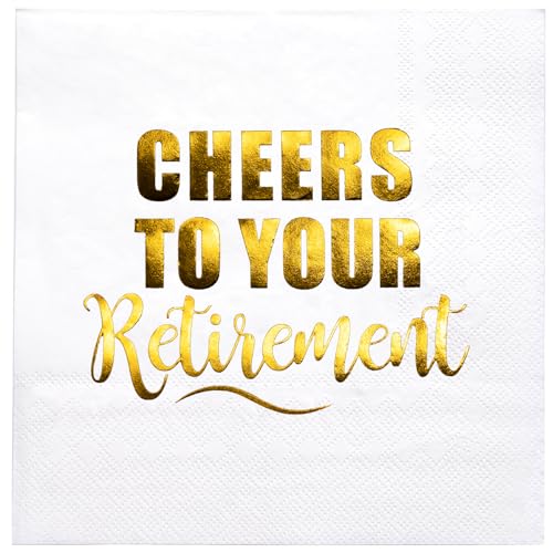 WRAPAHOLIC 25Pcs Retirement Cocktail Napkins - 3-Ply White Gold Foil Cheer Retirement Disposable Paper Napkins for Retirement Party, Tableware Party Supplies, Holiday - 5 x 5 In