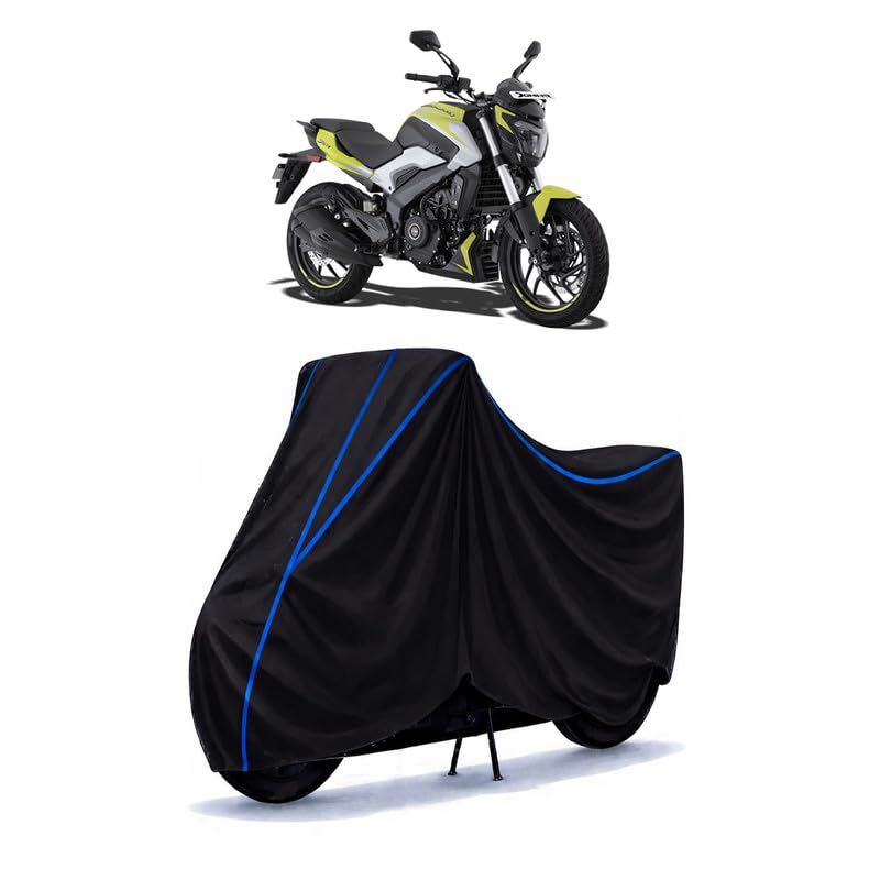 Image of Bajaj Dominar 250 Bike Cover Water Resistant Universal Motorcycle Rain | Heavy Duty UV Protection, Dust, Scratch Indoor Outdoor All Weather with Black Blue Piping Elastic