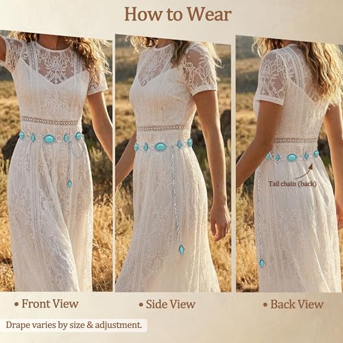 Image of Turquoise Chain Belt for Women, Western Cowgirl Concho Belt | Turquoise Concho Accents with Silver Chains for Western, Cowgirl, Rodeo, Festival and Denim Looks