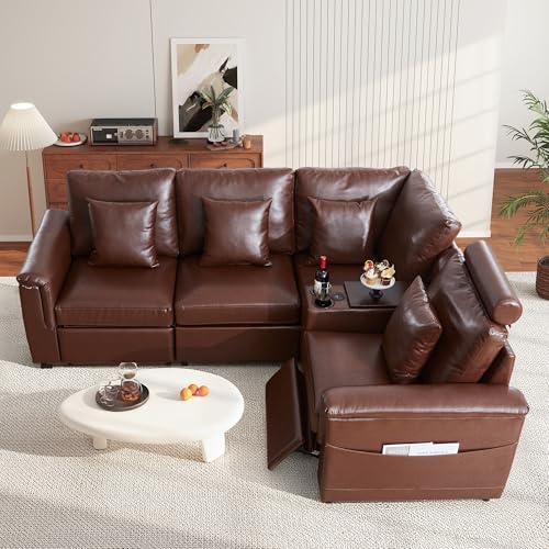 Image of RARZOE Modular Sectional Sofa with Power Recliner, 4-Seater L-Shaped Reclining Couch, Faux Leather Couches with Storage Console Charging Cup Holders, Modern Comfy Sofa for Living Room,Brown