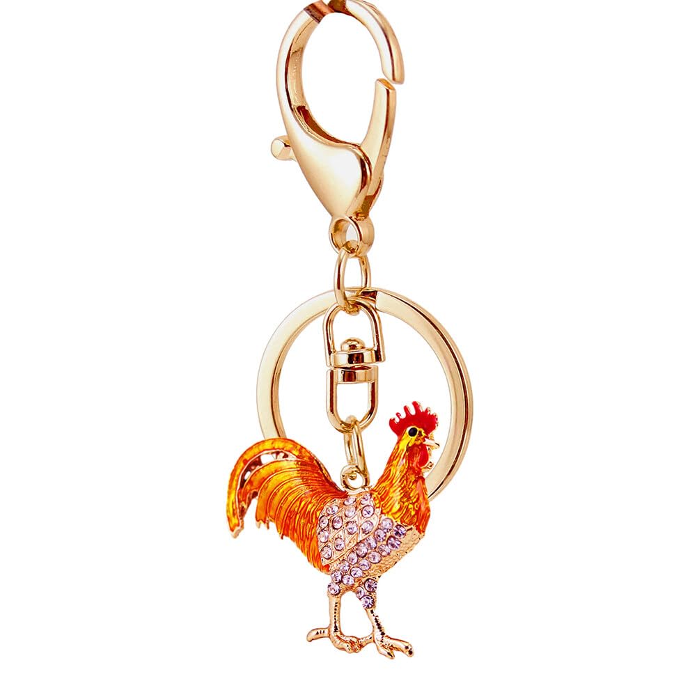 Surakey Women Keychain Rooster Rhinestones Pendant Key Chain Shiny Metal Rooster Key Rings for Car Keys Wallet Purse Handbag Accessory (Golden)