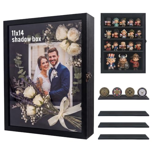Image of GMFrames 11x14 Wooden Shadow Box Frame with Removable Shelves Deep Display Case for Military Medals Keepsakes Black
