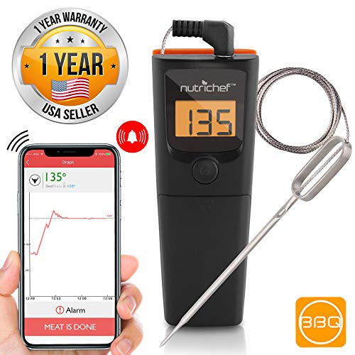 NutriChef PWIRBBQ90 Bluetooth Meat Thermometer - for Grilling Smart Wireless Kitchen Remote Instant