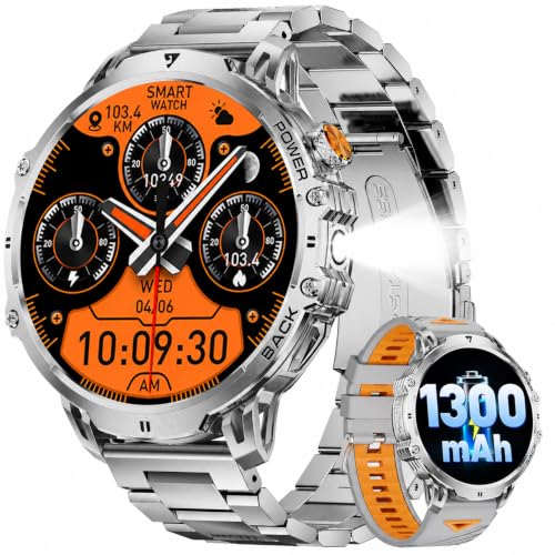 LIGE Montre Connectée Homme Montre Sport avec 1300mAh/1,85'' HD Grand Écran/LED Lampe, Moniteur de Fréquence Cardiaque et Sommeil/110+ Modes Sportifs,IP68 Étanche Android iOS,Argenté