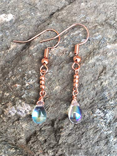 J.Leaf Studio- AB Clear Tear Drop Glass Earring Women Fashion Earring Handmade Beaded Dangle Earring in Rose Gold/Copper Tone Fishhook Ear Wire- 1.5 Inches Long with Ear Wire