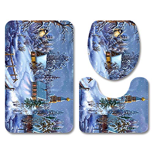 Claean-Acces-Home Toilettendeckelbezug Mode Badematte Set Flanell Anti-Rutsch-Toilettenkissen Duschraum Dekorative Weihnachten Santa Scenery Teppich Teppich Badezimmer-Nr. 5_50X80Cm 3St