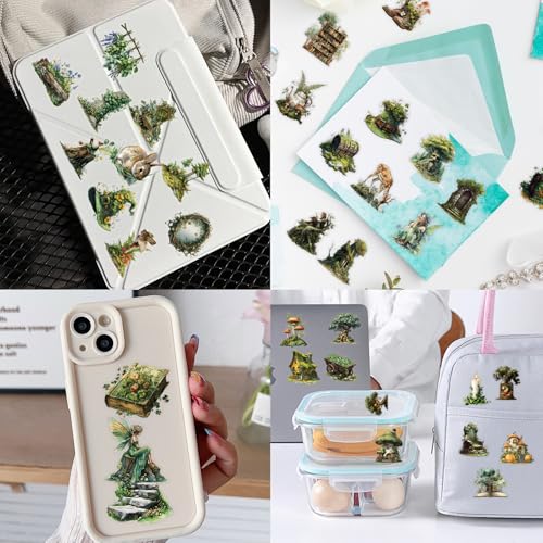 Image of 50PCS Vintage Fantasy Forest Clear Stickers for Scrapbooking - Green Fairycore Cottagecore Aesthetic Stickers for Journaling, Bullet Diary, Planners, Nature Botanical Decals