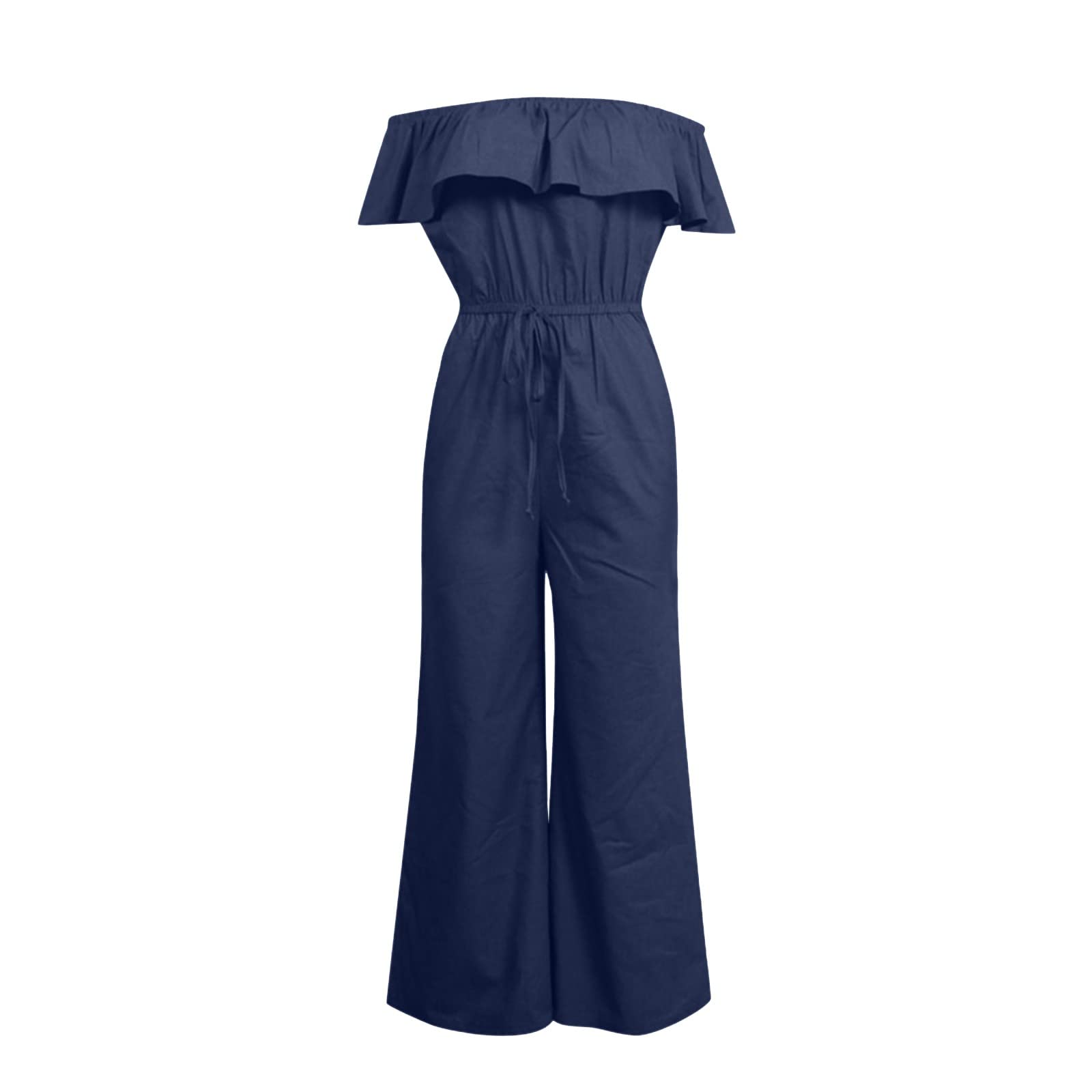 FUPODD Jumpsuit Damen Sommer Große Größen Jeans Overall Damen Sommer Lang Weites Bein Jumpsuits Schulterfrei Plus Size Playsuit Elegant Denim Einteiler Mit Tasche Luftig Romper Frauen Mit Kordel