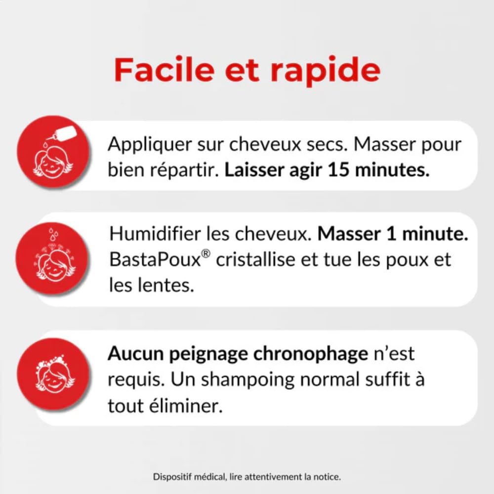 BastaPoux® Traitement Anti-Poux et Lentes – 1 Application Suffit – Actif Naturel Breveté Crystalysine® – Sans Peignage – Non Gras & Facile à Rincer – Enfants & Femmes Enceintes