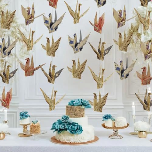 Image of Vintage Crane Paper Hanging Garlands(3stringsX 6.2ft), Retro Newspaper Origami Birds Streamers for Bridal Shower, Baby Shower Birthday Party Supplies,Garden Ceiling Hanging Garland