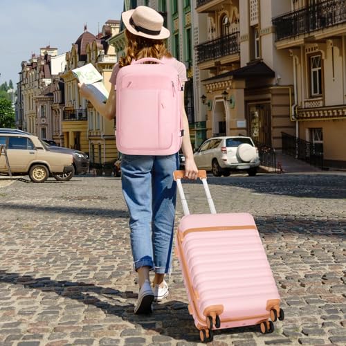 Image of UKEIN Luggage Sets 3 Piece, PC Hardside Carry On Luggage 24 Inch With Spinner Wheels with TSA Lock, Large Suitcase Set With Travel Backpack (Pink, 3 piece set (24inch))