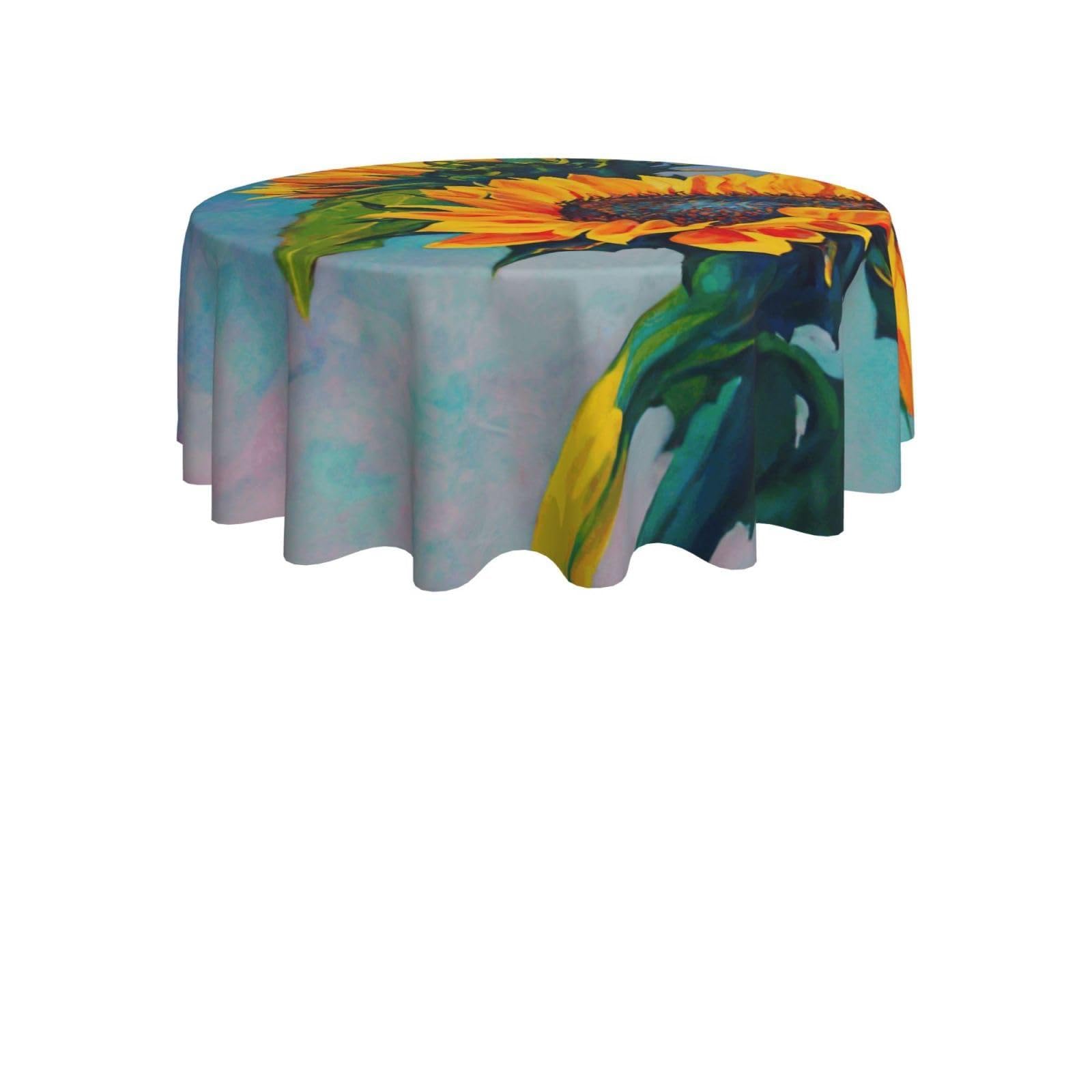 ENGhjes Sunflower Painting Print Round Tablecloth 60in Washable Stainproof Polyester Cloth for Kitchen Idea