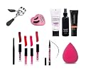 Glowhouse eyelash curler,1 pair eyelashes,Makeup base primer,Makeup fixer,Foundation,4 Liquid matte lipstick,black kajal,sketch eyeliner,1 Makeup sponge (Set of 12) gallery image
