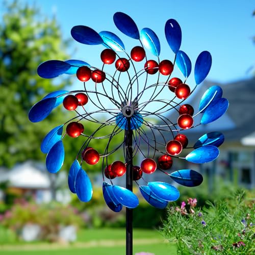 Solar Wind Spinners Outdoor, Colorful Large Garden Wind Spinners with Stake, Lawn Decor Windmill for Yard, Patio, Backyard (24'' W x 88'' H)