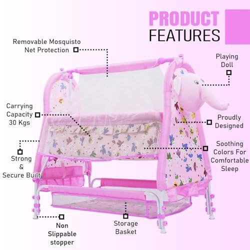 Image of PANDAORIGINALS Jumbo Baby Cradle|Soft Cushion Baby Jhula /Paalna Cute cot with Mosquito Net for 0-9 Months Boys and Girls Super Strong Soft Cushion and Swing Lock Function (Jumbo Pink)
