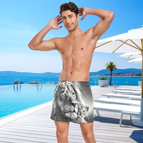 Lion Portrait Black Mens Swim Trunks with Liner, Cool Quick Dry Beach Swim Shorts, Swimwear Bathing Suits S4