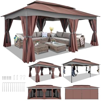 HOTEEL Gazebo 12x20, Outdoor Gazebo on Clearance with Double Ventilated Arc Roof, Privacy Curtains & Mosquito Netting, Easy Set up Canopy Tent with Stable Metal Frame for Patio, Brown