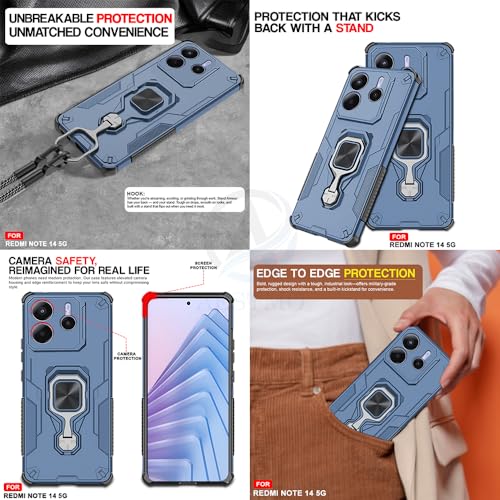 Image of AESTMO Armor Back Cover for Redmi Note 14 5G | Ring Holder & Kickstand & Camera Protection in-Built | 360 Degree Protection Back Case Cover (Blue)