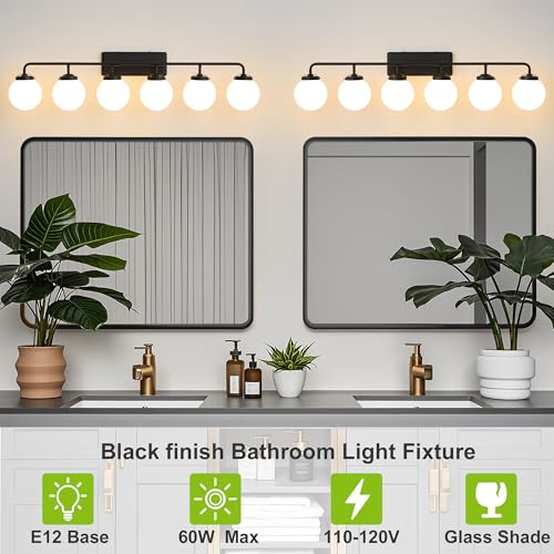 Image of Bathroom Light Fixtures 45.3in 6-Light Matte Black Vanity Lights for Mirror | Bathroom Lighting Fixtures over Mirror, ETL, Brushed Brass Wall Sconce, Dimmable E12 Base Max 60W, Milky Glass Ball Shades