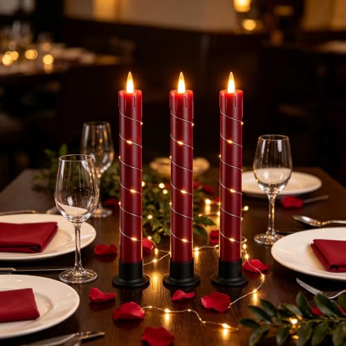 Image of Da by 3 Pack Red Dripping Wax Flameless Candles, Realistic Dynamic Flame LED Taper Candles with Surrounding Fairy String Lights, Remote Control Battery Operated Candles for Home Wedding Holiday Decor
