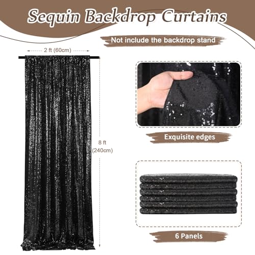 Image of Black Sequin Backdrop Curtains 6 Pieces 2FTx8FT Shimmer Birthday Wedding Photograph Baby Shower Decoration Backdrop Fabric for Christmas Party Decoration