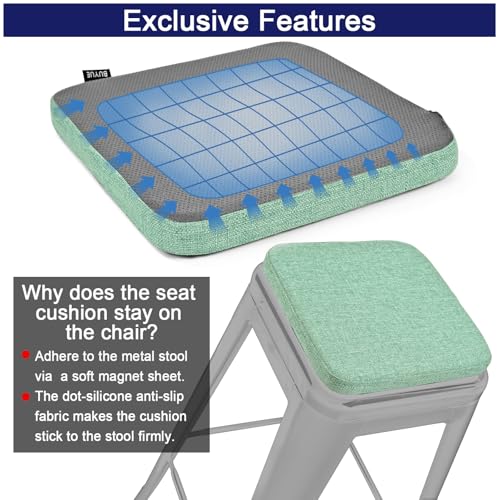 Image of BUYUE Friendly Woven Fabric Magnetic Bar Stool Cushions Set of 4, Enhanced Anti-Slip Breathable Small Chair Seat Pads for Cafe Bistro Stackable Metal Stools (Square, Light Green, 4 Counts)