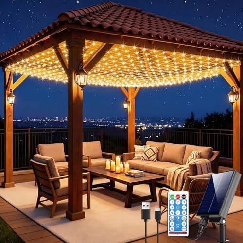 Pooqla Solar Net Lights 10x10ft 280LED Gazebo Net Lights Outdoor with 8 Modes Solar & USB Powered Waterproof String Lights Clear Wire Chandelier for Pergolas Patio Bush Backyard Decor Warm White