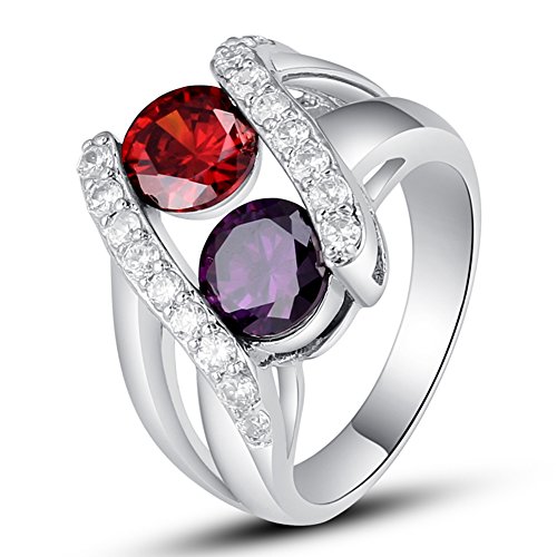 Emsione Created Ruby Spinel & Amethyst 925 Silver Plated Band Ring for Women