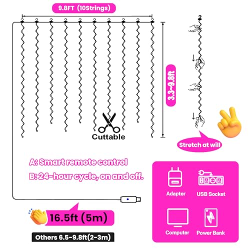image for HXWEIYE 300LED Fairy Curtain Lights, 9.8x9.8Ft USB Plug-in 8 Modes Chr
