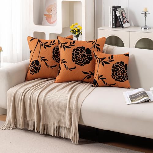 Image of HOKIPO 'Elira Series' Printed Quilted Cushion Cover for Sofa 22x22 Inches, Set of 2, Copper Brown Floral (AR-6232-C8*2)