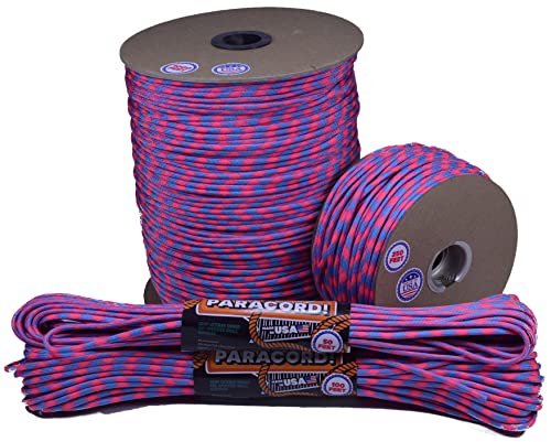 Bored Paracord - 1', 10', 25', 50', 100' Hanks & 250', 1000' Spools of Parachute 550 Cord Type III 7 Strand Paracord Well Over 300 Colors - Pink Sky Camo - 25 Feet