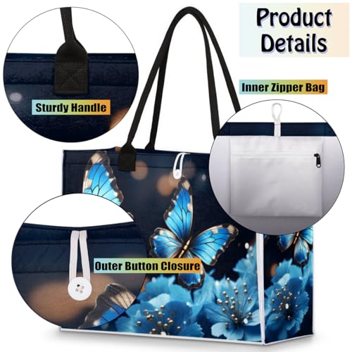 Butterfly Blue Flowers Tote Bag for Women Large Beach Bag Reusable Tote Bags for Work Travel Beach Shopping4