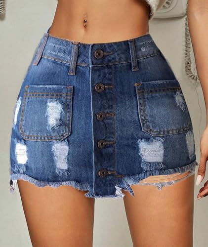 xxxiticat Women's High Waist Denim Skirt Front Button Closure Ripped Bodycon Frayed Raw Hem Blue Mini Jeans Skirt3