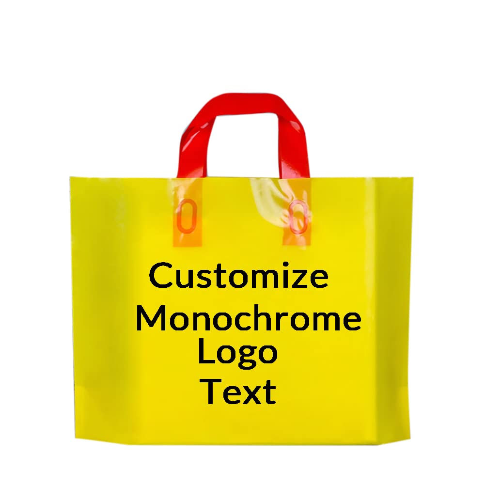 Custom Carrier Bags with Handle Personalised Plastic Bags Merchandise Gift Bags with Monochrome Logo Text for Birthday Party Christmas 100 200 Pcs Options (40x30x10cm, yellow)