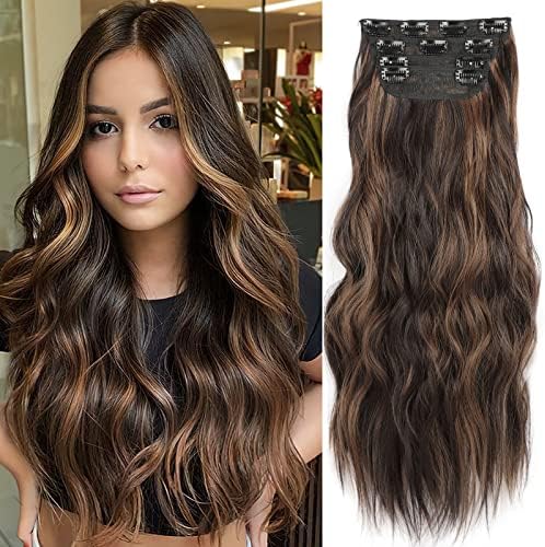 4PCS Thick Hairpieces Clip in Hair Extensions for Women Synthetic Clip in Long Wavy Hair Extension 20 Inch Double Weft Hairpieces Full Head For Women (20INCH, H2/426)