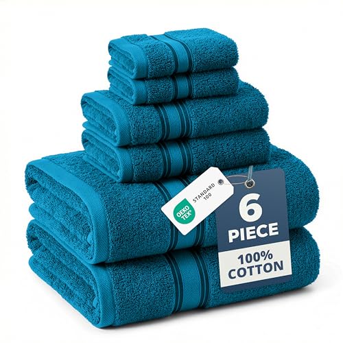 Image of Lane Linen Luxury 6-Piece Bath Towel Set - 100% Cotton, Quick-Dry, Super Absorbent, Zero Twist - Includes 2 Bath Towels, 2 Hand Towels, 2 Washcloths - Sea Port