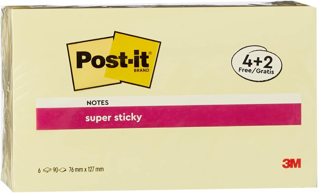 Post-itSuper Sticky Notes, Double the Sticking Power, 4 + 2 FREE Pads, 540 Sheets, 76 mm x 127 mm, Canary Yellow - Self-Sticking Notes for Walls, Monitors and Fridge