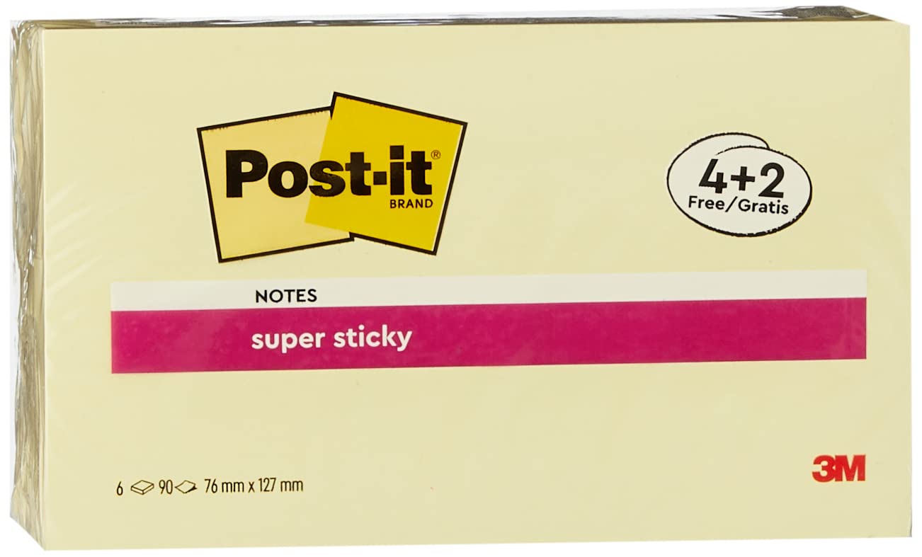 Post-it Super Sticky Notes, Double the Sticking Power, 4 + 2 FREE Pads, 540 Sheets, 76 mm x 127 mm, Canary Yellow - Self-Sticking Notes for Walls, Monitors and Fridge