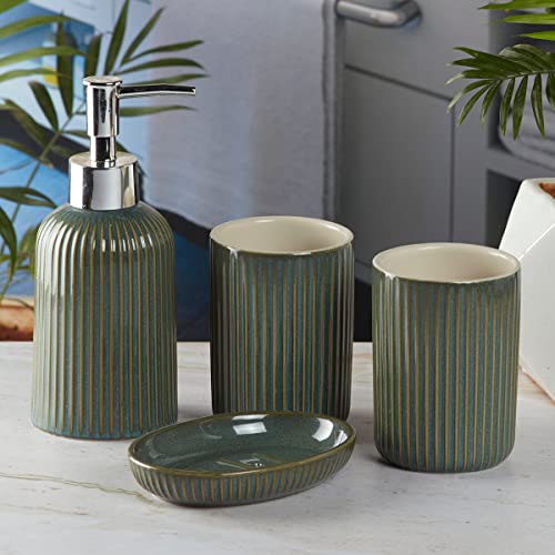 Image of SaSaSa Ceramic Bathroom Accessories Set of 4 Modern Bath Set with Soap Dispenser & Toothbrush Holder, Luxury Home & Gift Idea, Green (9903)