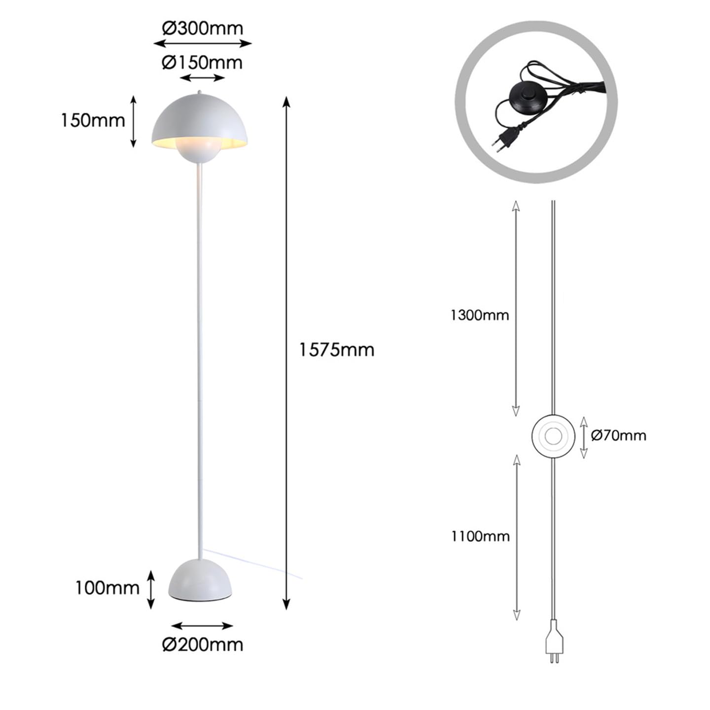 Alpinaluz Stalowa lampa podłogowa z wypukłym kloszem, styl skandynawski i retro, pośrednie oświetlenie skierowane w dół, gniazdo E27, przełącznik nożny, do salonu lub sypialni, biała