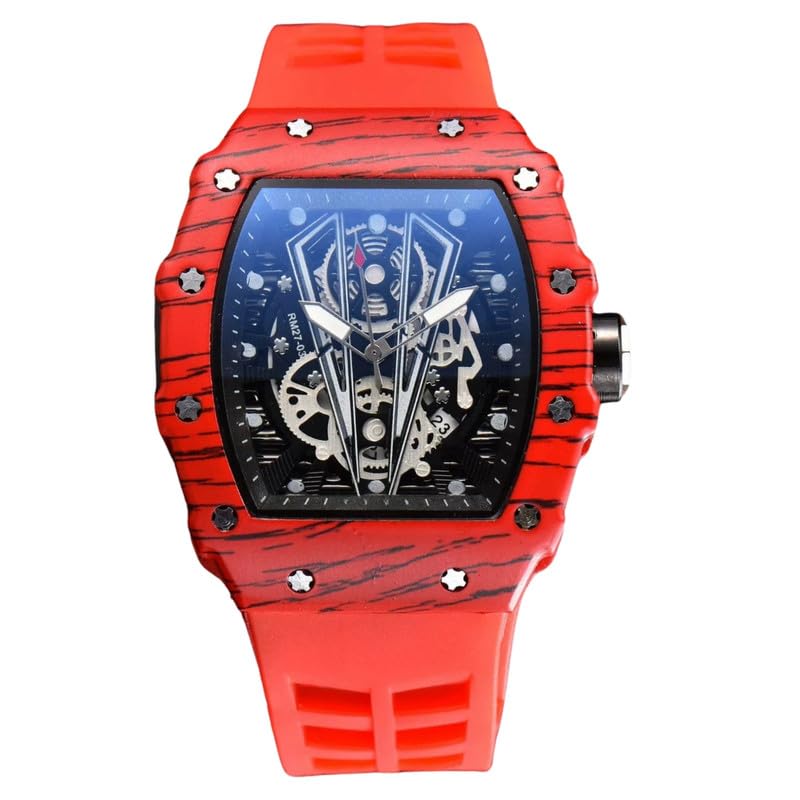 Image of Richard Hot-Selling Colorful Wood Grain Bull Style Barrel-Shaped Fashion Watch - Large Dial Pointer, Stainless Steel, PU Strap, Alloy Case, Black Color