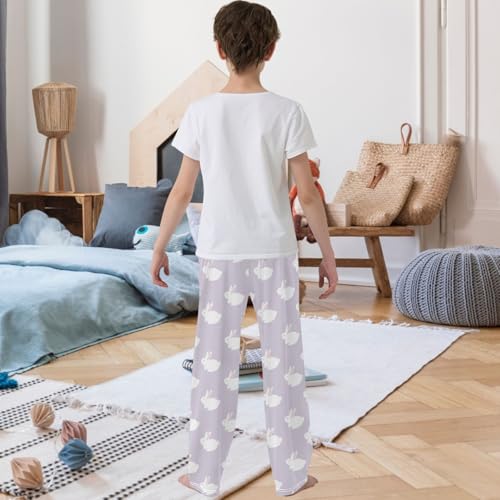 Boy's Pj Pants Cute White Rabbit Easter Pale Lilac Lounge Bottoms Elastic Waist Kids Joggers with Pockets Size 6-143